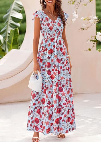 PRETTYGARDEN Women's Summer Smocked Flowy Maxi Dress - color: Floral Blue Red, size: Small