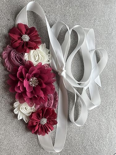 Flowers for Sashes Maternity Pregnancy Sash Belt for Baby Shower Wedding Bride - color: Burgundy