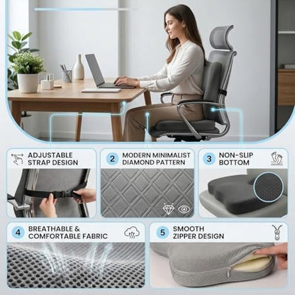 Lumbar Support Pillow & Seat Cushion for Office Chairs, Gray