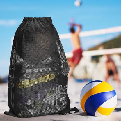 NATURAL STYLE Large Mesh Drawstring Backpack Bag, Gym Sports String Bag, Outdoor Workout Beach Swim Bag (Black) - color: Black