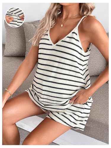 MakeMeChic Women's Maternity 2 Piece Striped Shorts Set - color: Khaki, size: X-Large