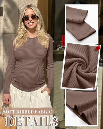4 Pack Womens Ribbed Maternity Shirts Slim Fit Tops - color: Latte, Coffee, White, Black, size: XX-Large