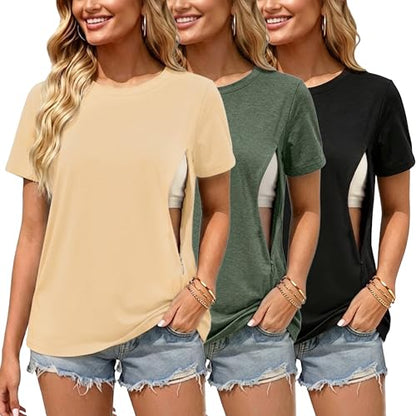 Ecavus 3 Pack Nursing Shirts for Breastfeeding, Hidden Zippers Nursing Tops - color: Black/Heather Green/Yellow, size: Medium