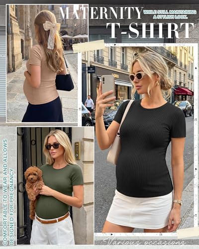Ficerd 3 Pack Women's Maternity Shirts Short Sleeve Ribbed Pregnancy Tops Crew Neck Basic Tees Summer Mama Clothes - color: Khaki, Army Green, Black, size: Large