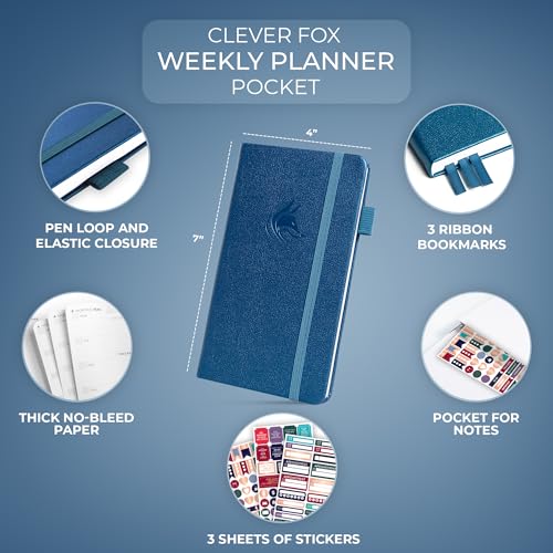 Clever Fox Pocket Planner, Mini Undated Weekly Calendar, Small Mystic Blue - color: Mystic Blue, size: Pocket size (3.7" x 6.7")
