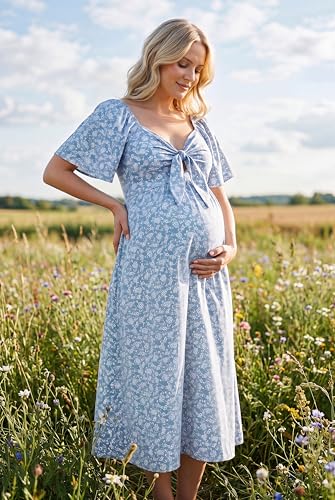 OUGES Women's V Neck Maternity Dress Baby Shower Midi Dresses with Pockets - color: Blue Floral, size: Small