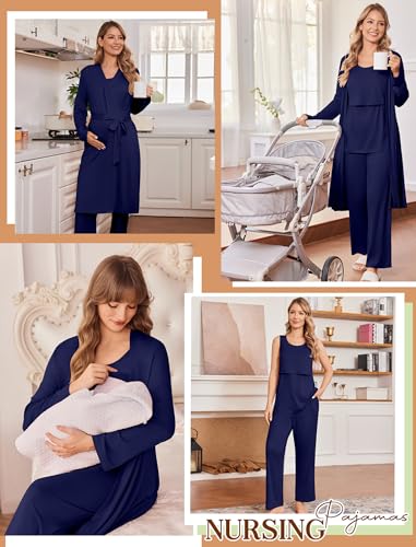 Maternity Sets Labor and Delivery Gown Postpartum Essentials Nursing Pajama - color: Navy Blue, size: XX-Large