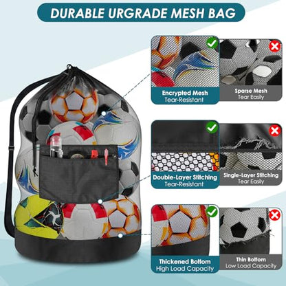 BROTOU Extra Large Soccer Ball Net Bag, 40" x 30" Drawstring Mesh Ball Bag - color: Black-5pcs-Durable Upgrade