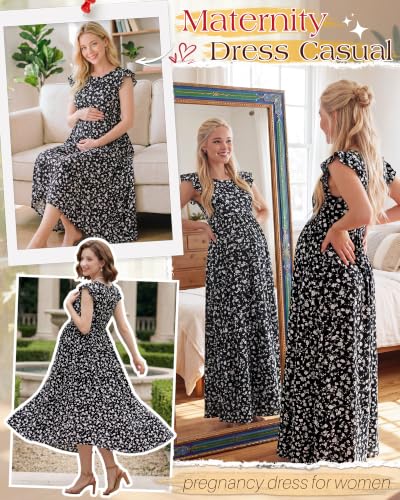 Huukeay Women Maternity Dress Ruffle Sleeve Floral - color: Black, size: Small