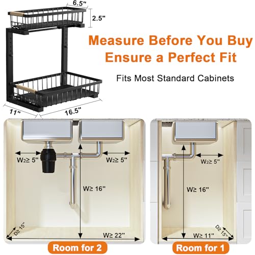 REALINN Under Sink Organizer, Adjustable 2 Tier Pull Out Kitchen Bathroom - color: Black, size: 1 Pack