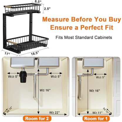 REALINN Under Sink Organizer, Adjustable 2 Tier Pull Out Kitchen Bathroom - color: Black, size: 1 Pack