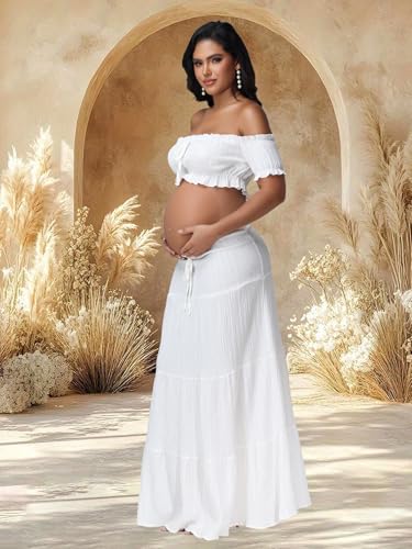 Maternity Boho 2 Piece Outfits Dress for Photoshoot Baby Shower - color: White, size: Large