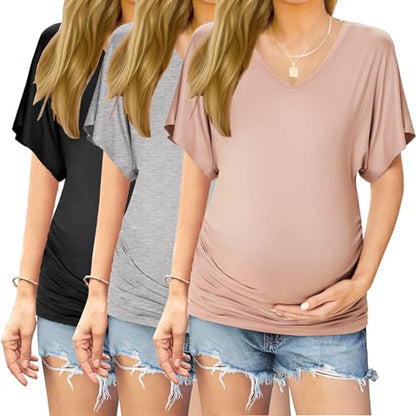 Ekouaer 3 Pack Maternity Shirts V Neck Pregnancy Tops Tunic Blouse Summer - color: Black/Grey/Pink, size: Small
