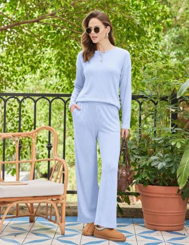 Ekouaer Womens Pajama sets Long Sleeve Cozy 2 Piece Matching Lounge Set - color: Baby Blue, size: Small
