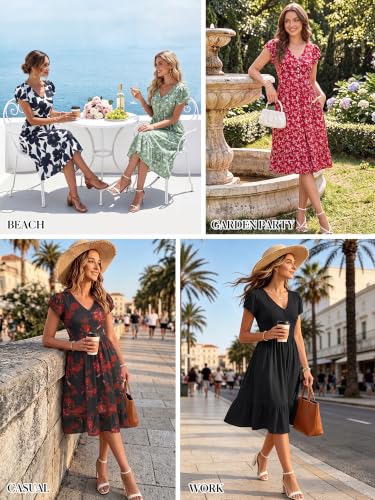 FENSACE Tulip Sleeve V Neck Button Down Dress with Pockets - color: Black-1, size: Small