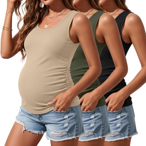 Riyiper 3 Pack Women's Maternity Tank Tops - color: Black, Army Green, Apricot, size: Medium