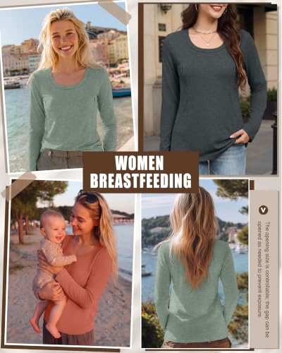 3 Pack Women's Long Sleeve Nursing Tops - color: Pumpkin, Gray Green, Dark Gray, size: Medium