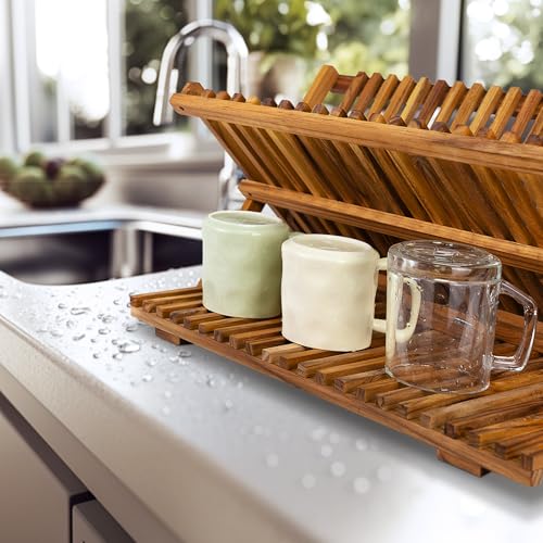 Utoplike Large Teak Dish Drying Rack, Wood Collapsible Organizer for Plates - size: 3 Tier-Large