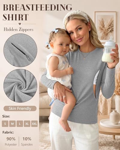 3 Pack Women's Nursing Tops Breastfeeding Shirts Fall - color: Light Gray, Dark Gray, Black, size: Large