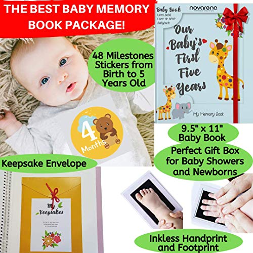 Novarena First 5 Years Baby Memory Book Journal Scrapbook 48 Pack Monthly Milestones Stickers & Clean-Touch Baby Safe Ink Pad - color: Giraffe and Jungle Theme for Boys