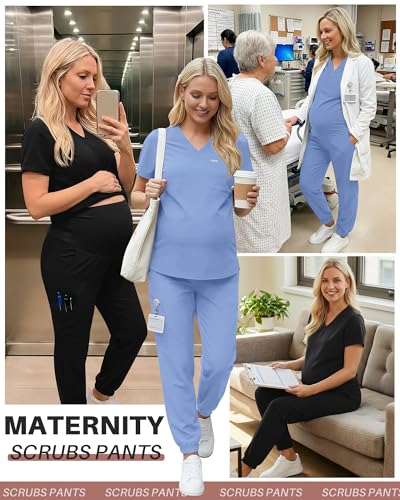 Oakgarden 2 Pack Women's Maternity Scrub Pants Pregnancy Scrubs - color: Black, Light Blue, size: Medium