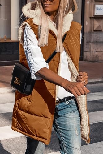 PRETTYGARDEN Women's Winter Reversible Fleece Long Vests - color: Brown, size: Medium