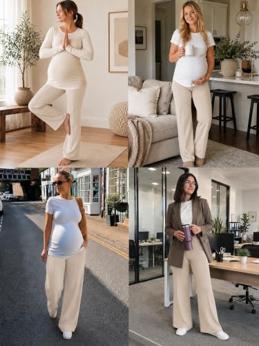 Mama Land Maternity Work Dress Pants, Stretchy Wide Leg with Pockets - color: Light Khaki, size: Medium