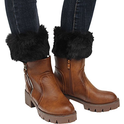 Womens Fur Trim Boot Cuff Top Cover Leg Warmers - color: Black