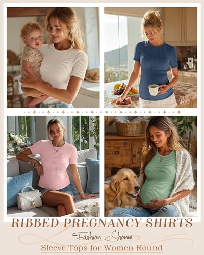 4 Pack Womens Maternity Shirts Work Tees - color: Haze Blue, Light Pink, Apricot, Light Green, size: Small