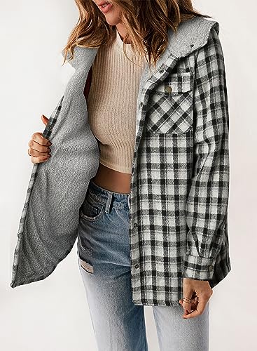 Dokotoo Womens Plaid Shacket Jacket Warm Fleece Hooded Jackets Winter Coats - color: Black, size: Small