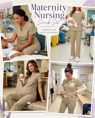 Women's Maternity Scrub Top Pant Set - color: Khaki, size: Medium