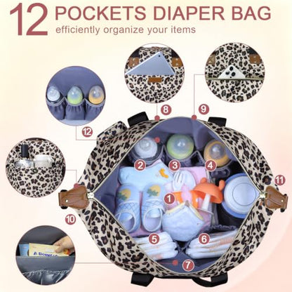 Pritent Diaper Bag Tote Waterproof Maternity Baby Bags with Pacifier Case - color: Leopard, size: Large
