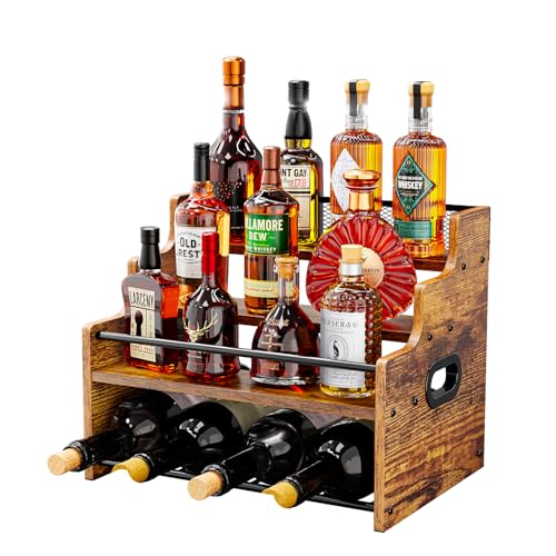 KLM 4-Tier Liquor Bottle Display Shelf,Rustic Brown Bottle Organizer - color: Brown