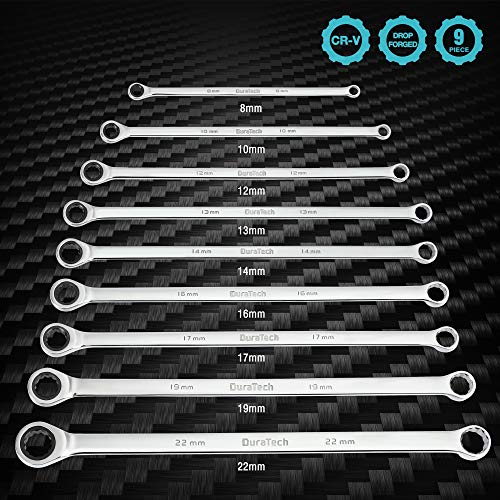 DURATECH Extra Long Ratcheting Wrench Set, Double Box End, Metric, 9-Piece - color: Chrome-plated, size: 9-Piece Set