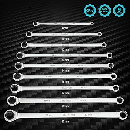 DURATECH Extra Long Ratcheting Wrench Set, Double Box End, Metric, 9-Piece - color: Chrome-plated, size: 9-Piece Set