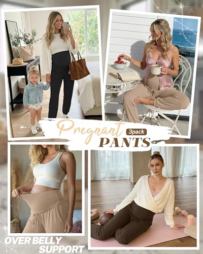3 Pack Womens Maternity Pants Pregnancy Lounge Jogger - color: Light Camel, Dark Camel, Black, size: Small