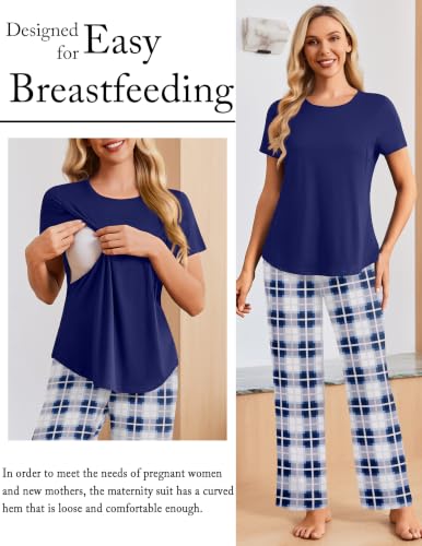 Ekouaer 3 Piece Maternity Nursing Pajamas Set Short Sleeve Breastfeeding Pjs - color: Navy Blue and White Plaid, size: Small