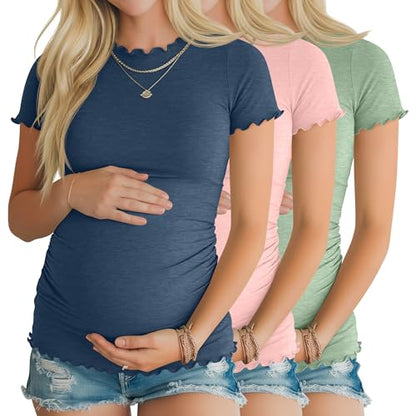 Xaatren 3 Pack Women's Maternity Short Sleeve Shirts - color: Blue, Light Pink, Light Green, size: Medium