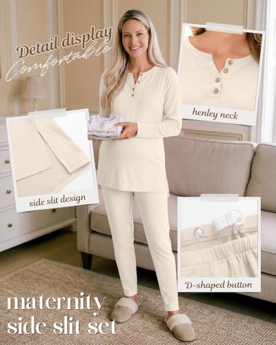Huukeay Maternity Lounge Set Long Sleeve - color: Beige, size: Medium