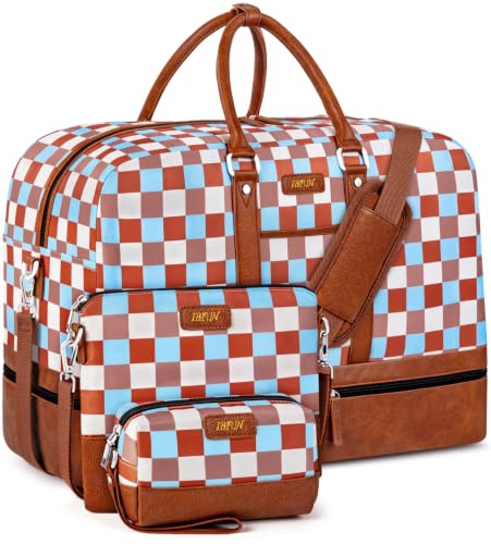IBFUN Weekender Bags for Women, 3PCS Travel Set with Shoe Compartment 21.6 - color: A19-brown+checkered