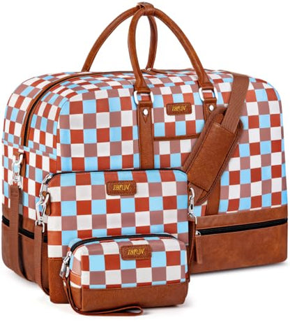 IBFUN Weekender Bags for Women, 3PCS Travel Set with Shoe Compartment 21.6 - color: A19-brown+checkered