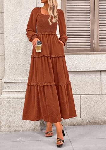 PRETTYGARDEN Women's Smocked Long Sleeve Maxi Dress Wedding Guest Dresses - color: Brown, size: Medium
