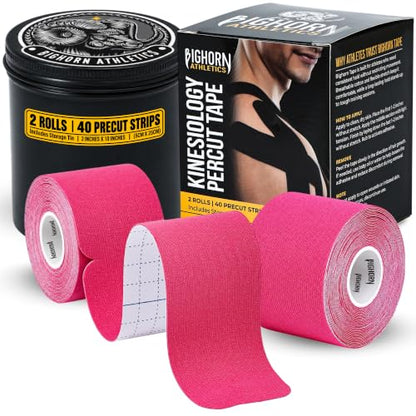 Precut Kinesiology Tape with Tin, 40 Strips 2"×10", Pink - color: Pink