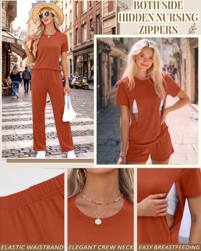 3 Piece Postpartum Nursing Pajamas Set Nursing Lounge Set - color: Orange, size: Large