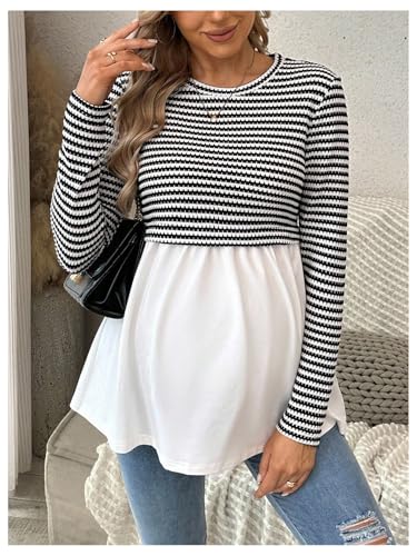 MakeMeChic Women's Fall Maternity Tops Striped Long Sleeve Flared Pregnancy Tee Shirt - size: X-Large