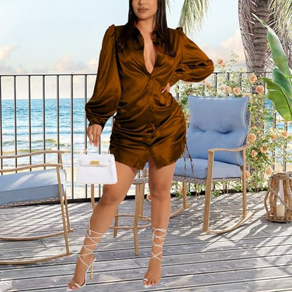 Women's Sexy Button Down Shirts Loose Collar Long Sleeve Ruched Silk Cloth Night Out Club Mini Wrap Dress Drawstring - color: Brown, size: Large