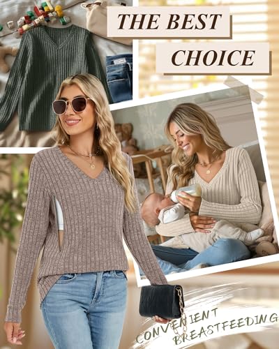 Oakgarden 3 Pack Women's Maternity Nursing Tops Mama Clothes - color: Army Green, Apricot, Coffee, size: Small