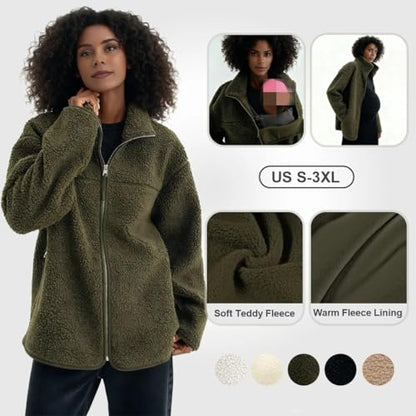 Maternity Coat Winter Mom Cozy Thicken Coats Fleece Sherpa Jacket - color: Dark Green, size: 3X-Large