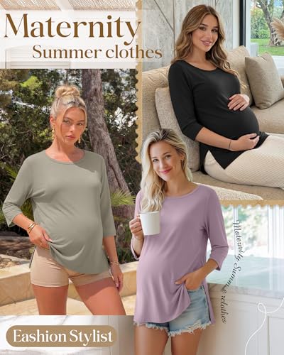 3 Pack Women's 3/4 Sleeve Maternity Loose Crewneck Tops - color: Cement Gray, Gray Purple, Black, size: Small