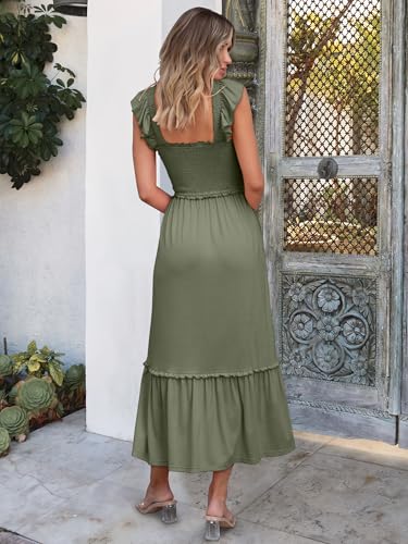 ANRABESS Womens Summer Sleeveless Maxi Dress Square Neck Smocked Boho Casual Ruffle Strap Flowy A-Line Long Beach Sundress - color: Olive, size: Medium